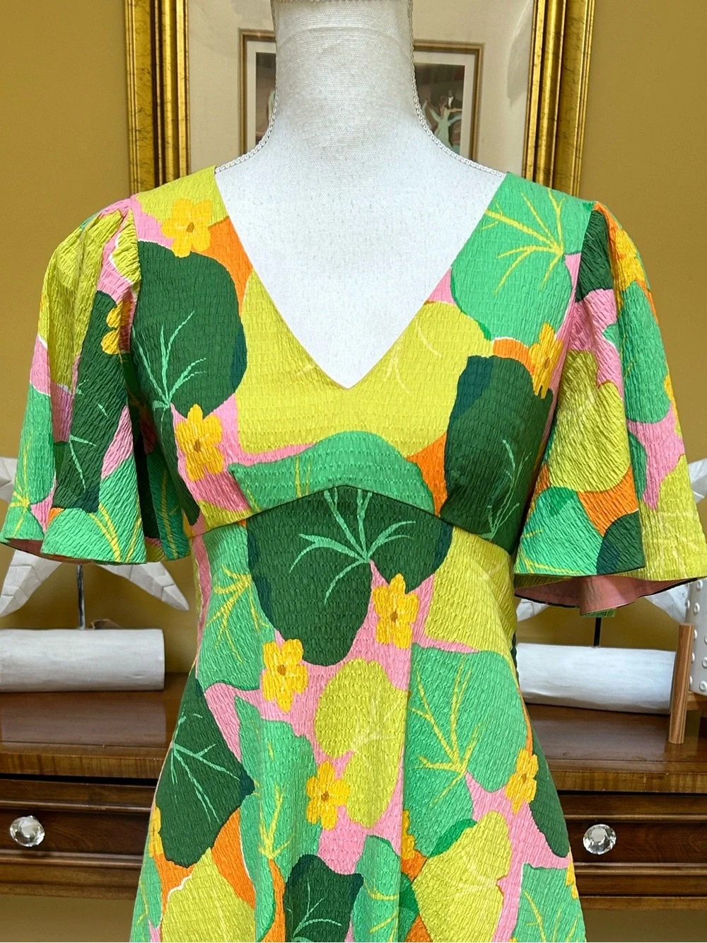 Kate Spade New York Cucumber Floral Pink Green V Neck Flutter Sleeve Mini Dress